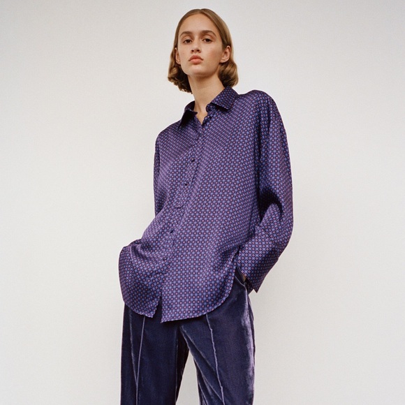Zara Tops - NEW Zara Purple Geometric Print Long Sleeve Shirt Satin Button Down Patterned